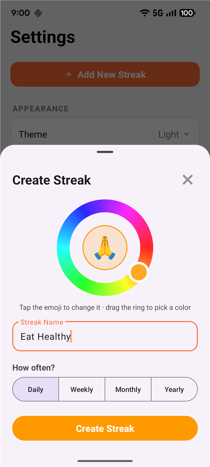 Create Streak sheet with an emoji inside a draggable color ring and frequency choices