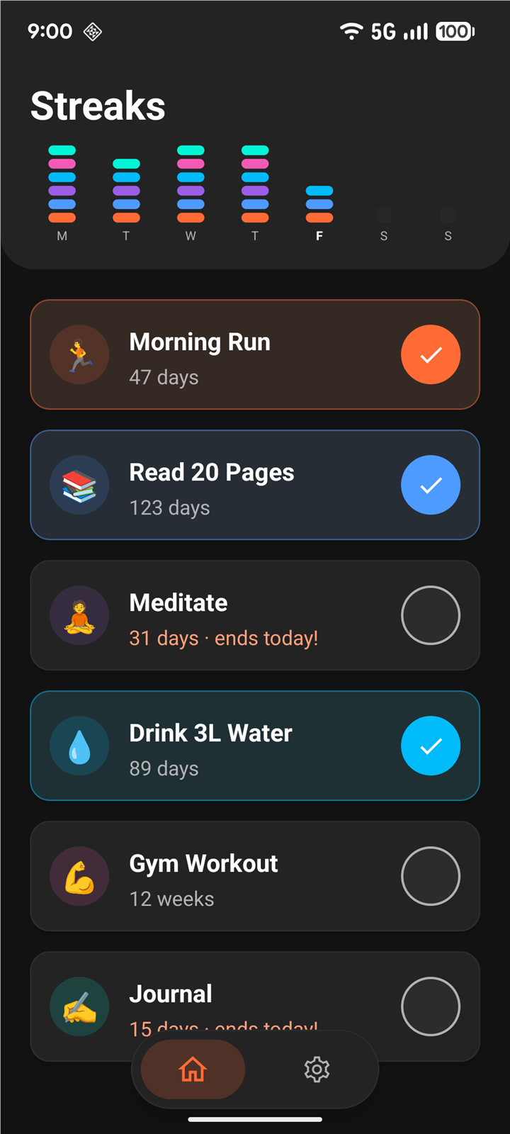 Streaks home screen in dark mode