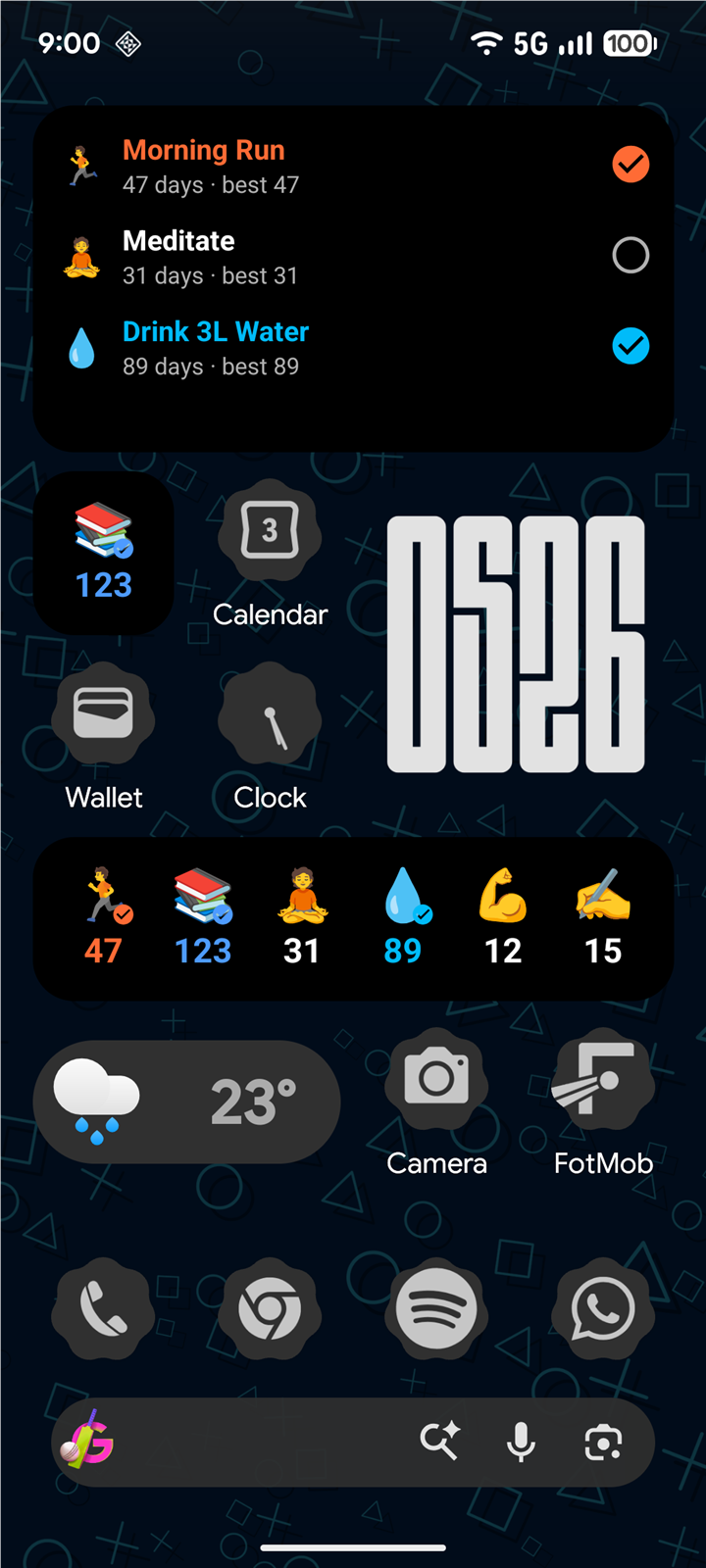 The same Streaks widgets rendered in dark style on a dark home screen