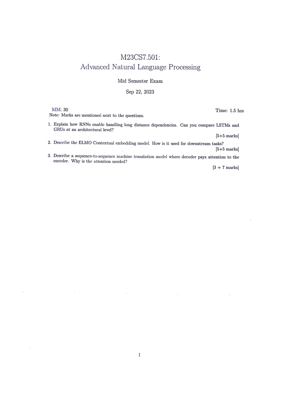 Mid semester exam paper 2023: three questions on RNN/LSTM/GRU, ELMo, and seq2seq with attention.
