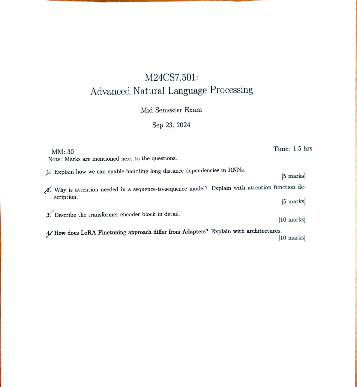 Sep 23, 2024 mid-sem exam paper with 4 questions