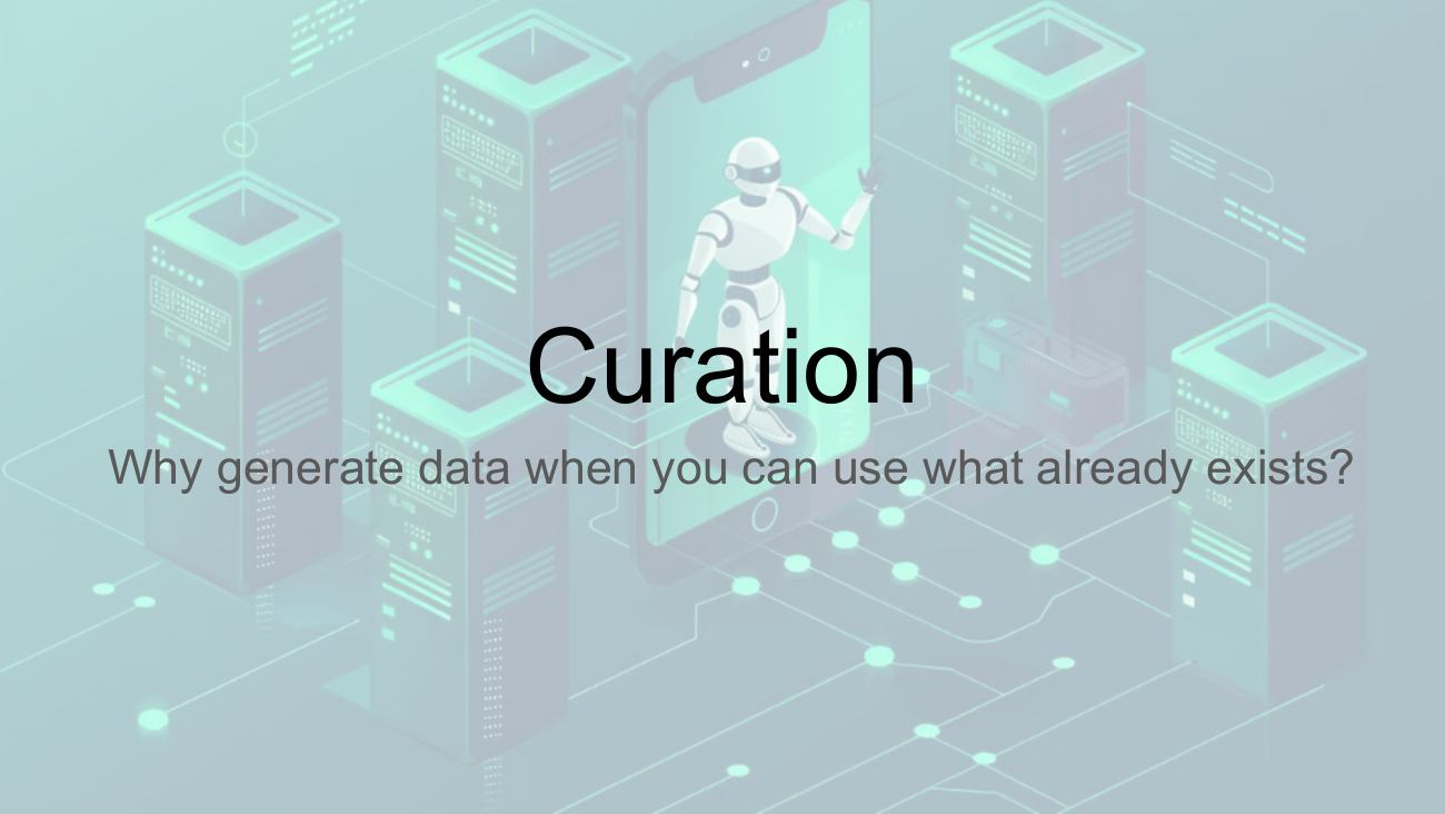 Section divider slide: Curation — Why generate data when you can use what already exists?