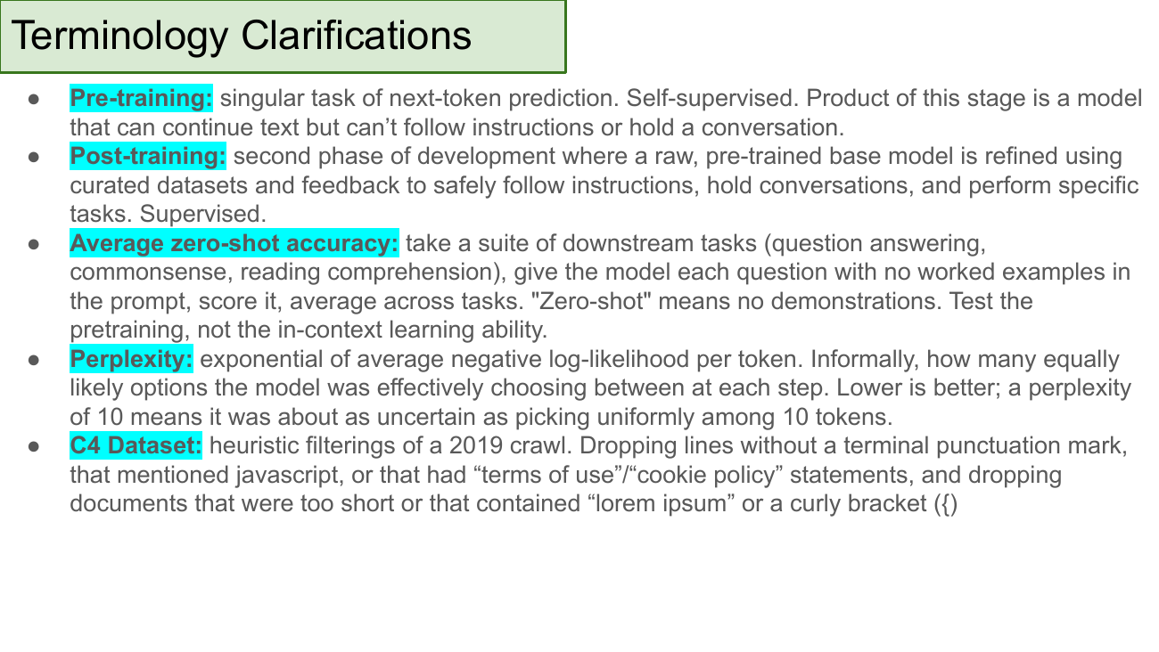 Terminology Clarifications. Pre-training: singular task of next-token prediction, self-supervised; product is a model that continues text but can't follow instructions or hold a conversation. Post-training: second phase where a raw pre-trained base is refined using curated datasets and feedback to safely follow instructions, hold conversations, and perform specific tasks; supervised. Average zero-shot accuracy: run a suite of downstream tasks with no in-context examples, score, average across tasks; tests pretraining, not in-context learning. Perplexity: exponential of average negative log-likelihood per token; informally, how many equally likely options the model was choosing between at each step; a perplexity of 10 means it was about as uncertain as picking uniformly among 10 tokens. C4 Dataset: heuristic filterings of a 2019 crawl — drop lines without terminal punctuation, that mention javascript, or have terms of use / cookie policy statements; drop docs that were too short or contained lorem ipsum or a curly bracket.