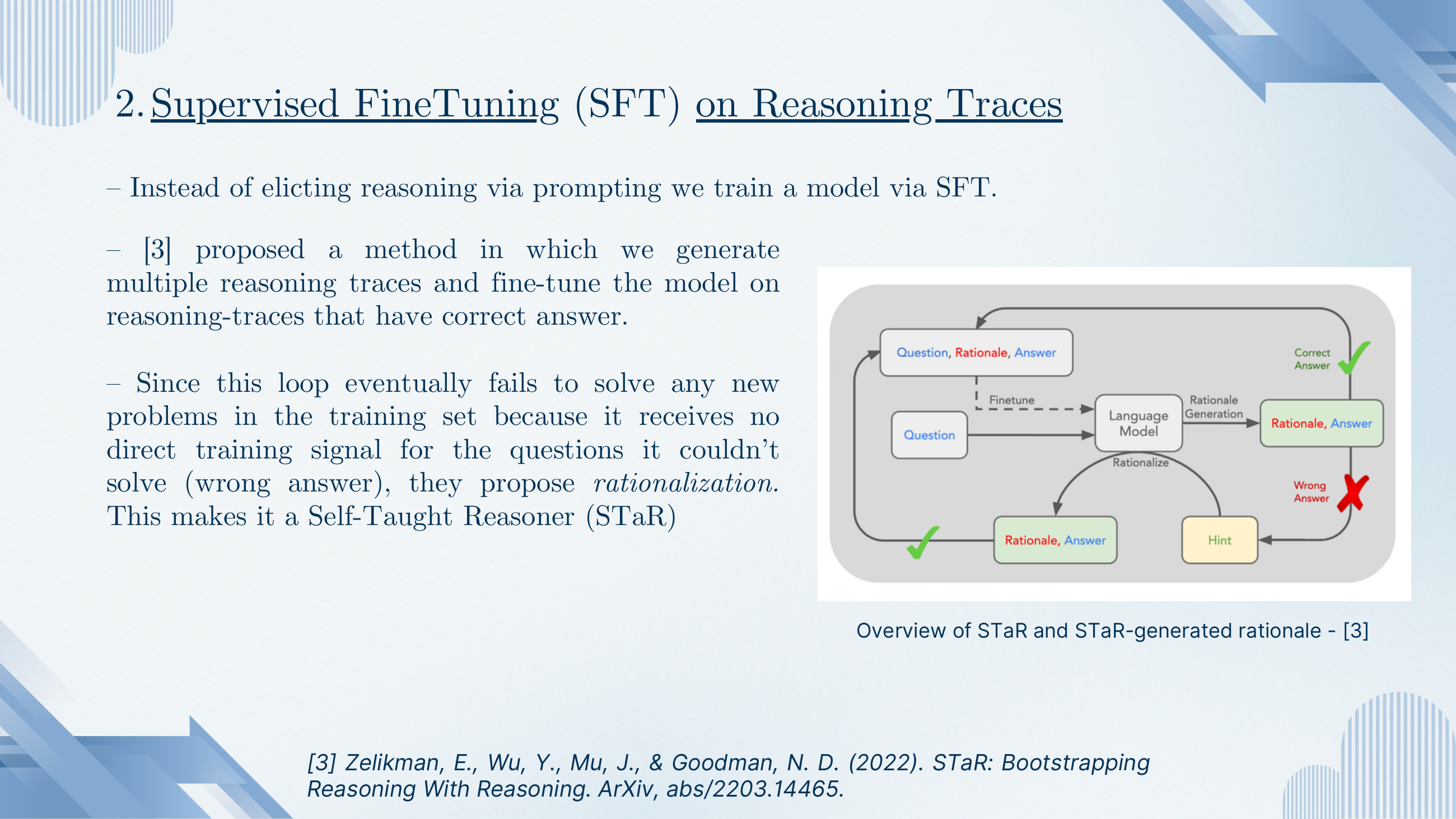 Supervised Fine-Tuning (SFT) on Reasoning Traces. Zelikman et al. 2022 STaR: generate multiple reasoning traces, fine-tune on the ones whose final answer is correct; for problems the model can't solve, use rationalisation — give the model the correct answer as a hint, let it construct a rationale to that answer, and add those rationales to the training set. Called Self-Taught Reasoner (STaR).