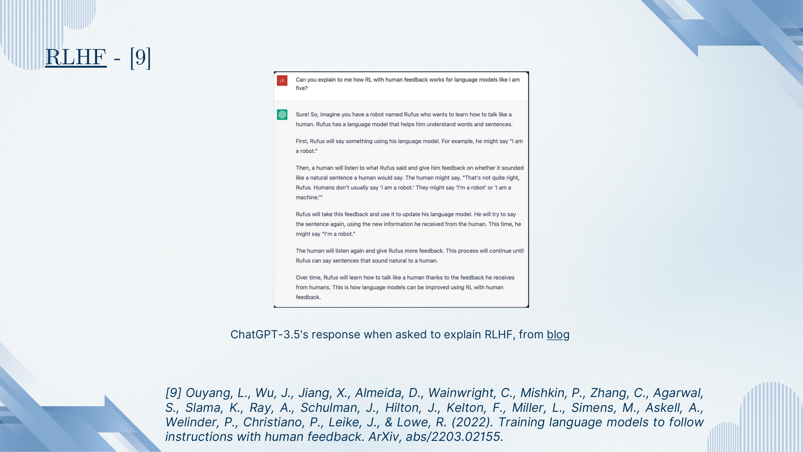 ChatGPT-3.5's own ELI-5 explanation of RLHF, using the analogy of a robot named Rufus who says something, gets human feedback, updates its language model and tries again — repeated until the sentences sound natural.