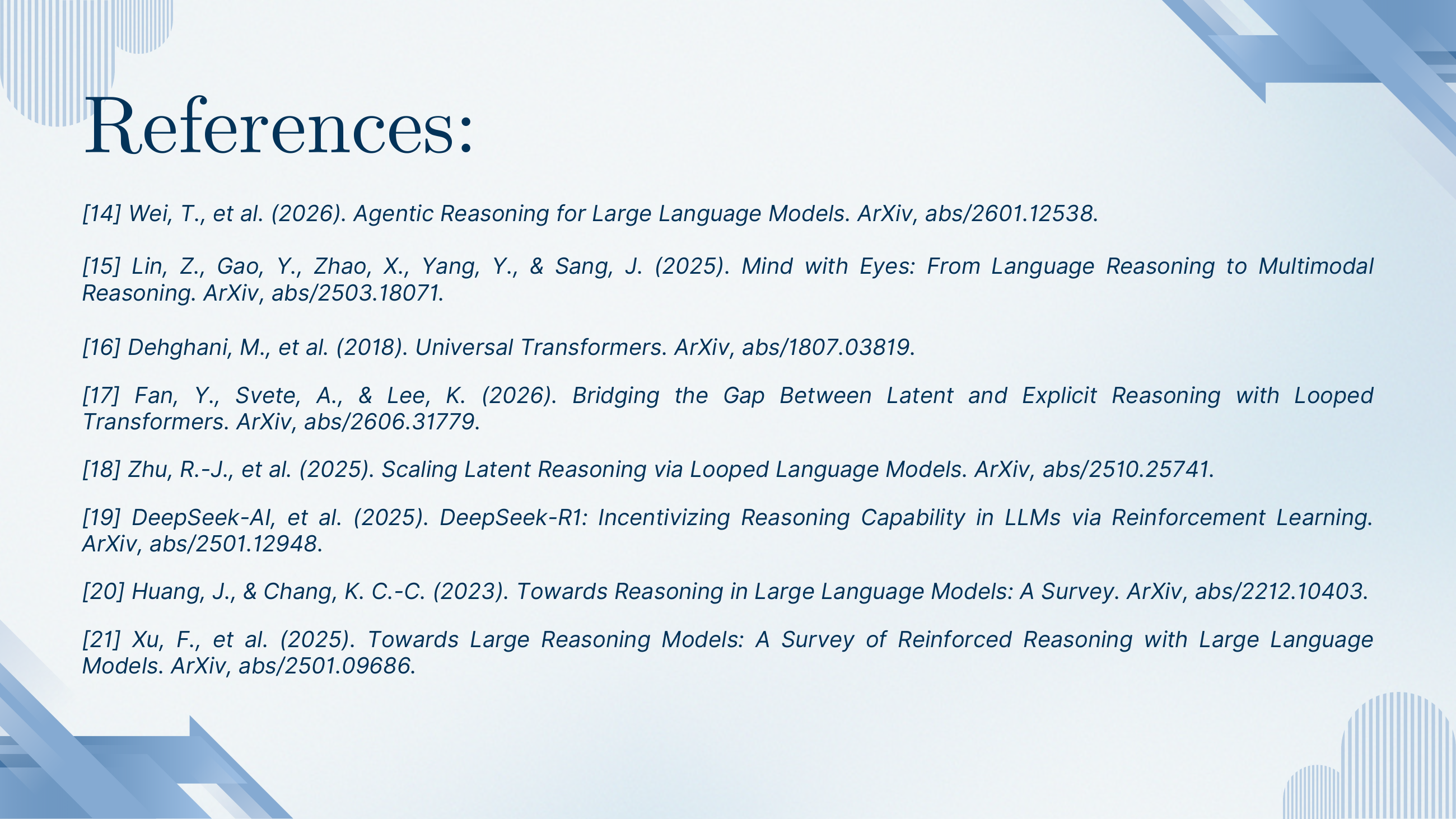 References list: [14] Wei et al. 2026 Agentic Reasoning for LLMs; [15] Lin et al. 2025 Mind with Eyes (multimodal); [16] Dehghani et al. 2018 Universal Transformers; [17] Fan, Svete, Lee 2026 Bridging Latent and Explicit Reasoning with Looped Transformers; [18] Zhu et al. 2025 Scaling Latent Reasoning via Looped Language Models; [19] DeepSeek-AI 2025 DeepSeek-R1; [20] Huang & Chang 2023 Towards Reasoning in LLMs: A Survey; [21] Xu et al. 2025 Towards Large Reasoning Models: A Survey of Reinforced Reasoning.