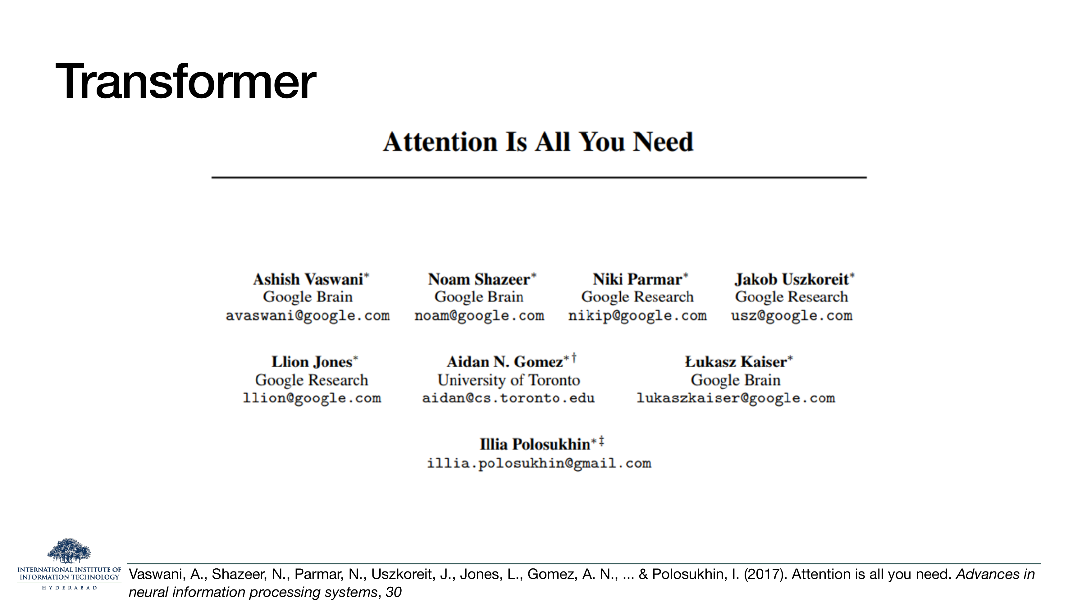 Transformer: title page of 'Attention Is All You Need' by Vaswani et al., NeurIPS 2017.