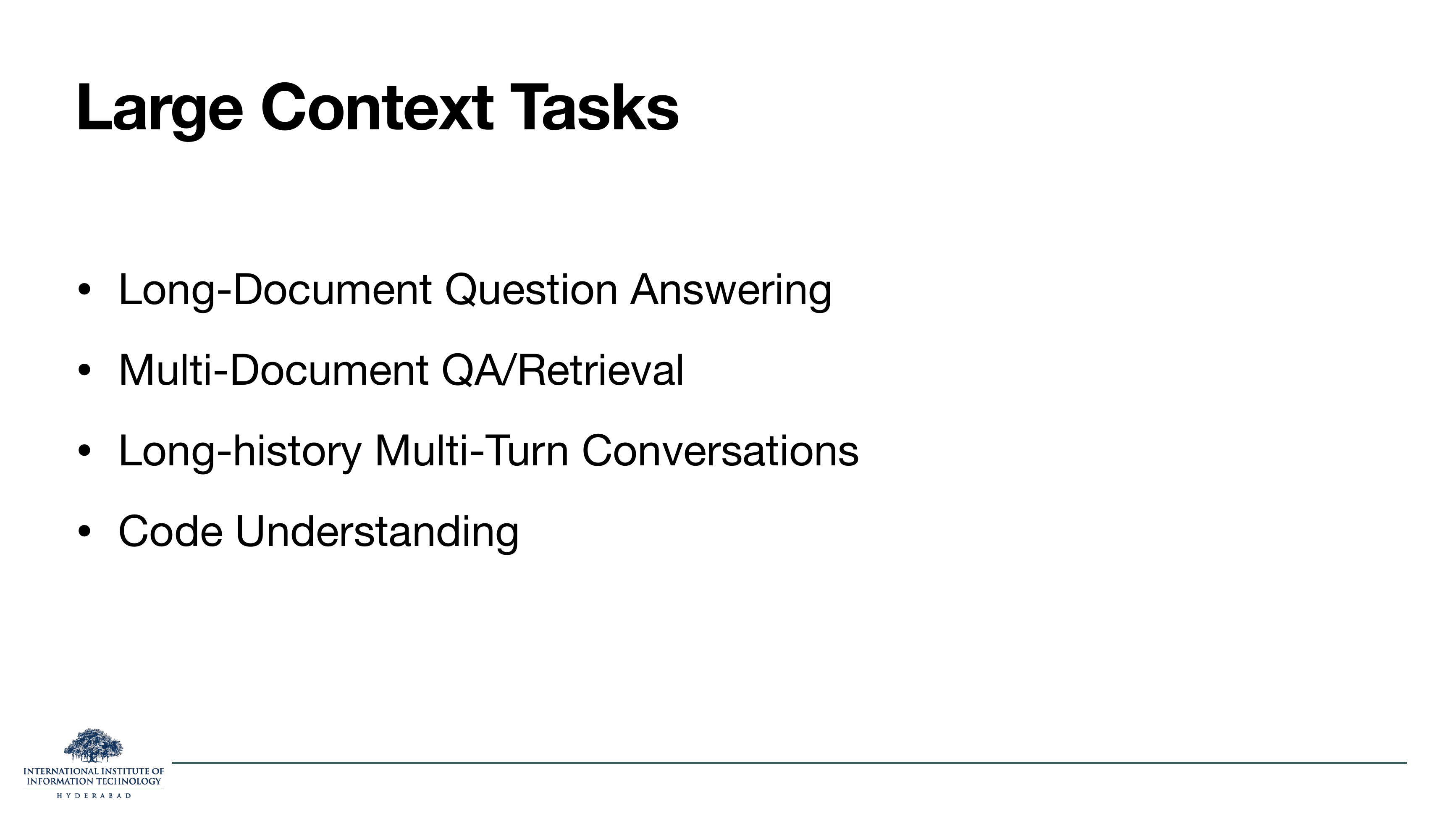 Large context tasks: long-document question answering, multi-document QA/retrieval, long-history multi-turn conversations, code understanding.