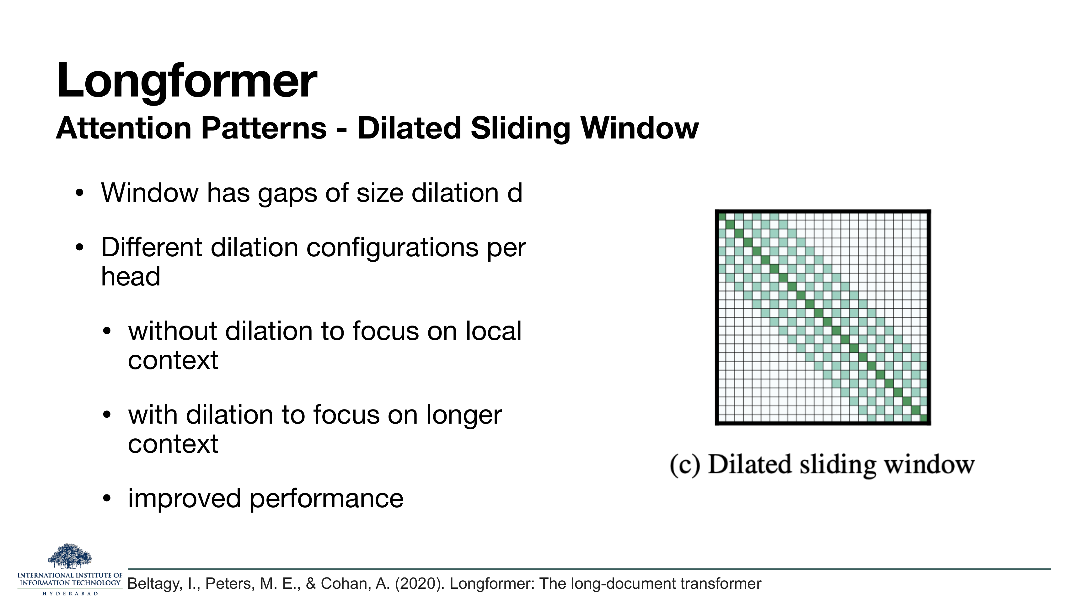 Longformer — Dilated Sliding Window: window has gaps of size dilation d, different dilation configurations per head — without dilation to focus on local, with dilation for longer context, improved performance. Diagram shows a striped diagonal with gaps.