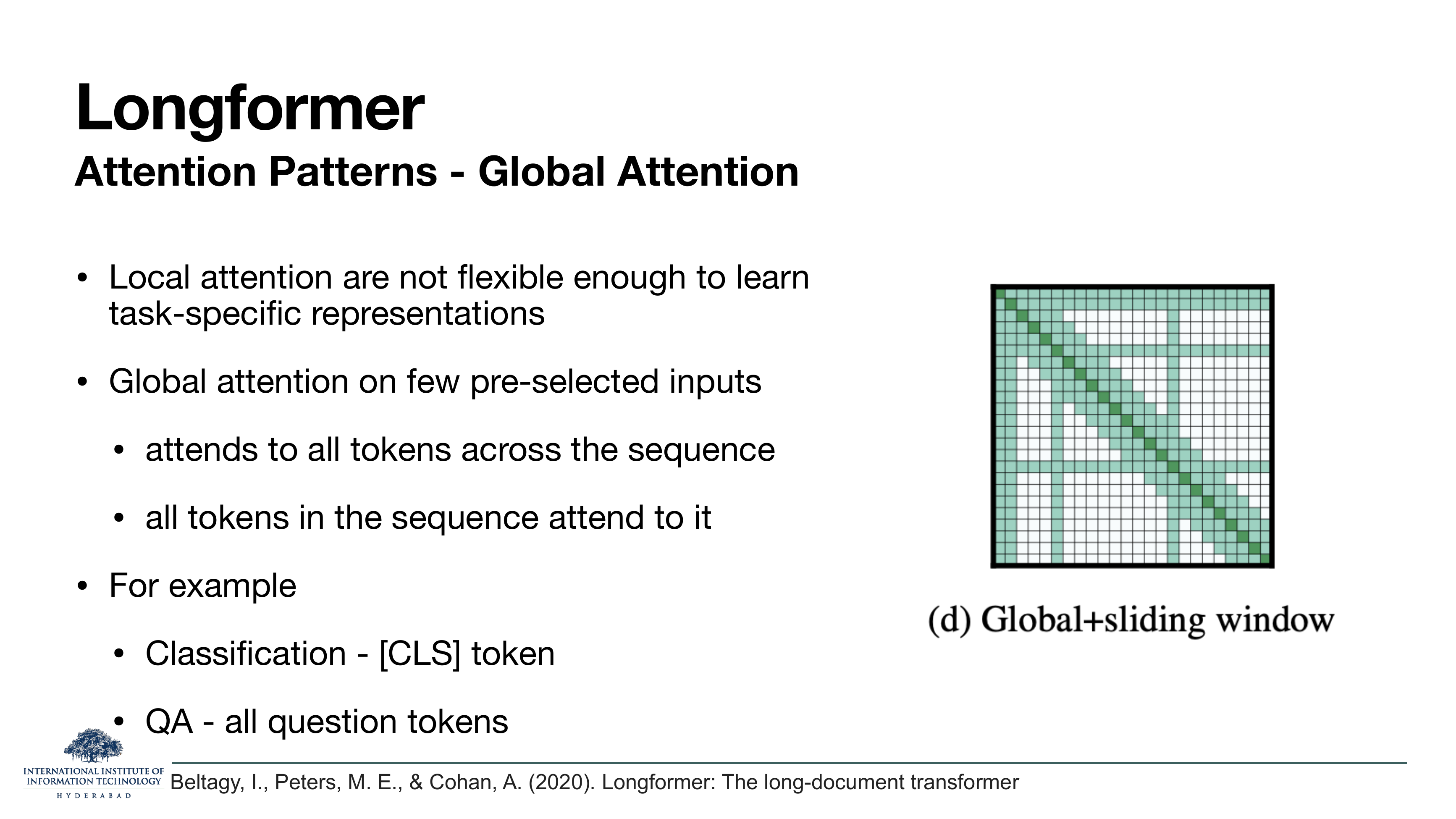 Longformer — Global Attention: local attention not flexible enough to learn task-specific representations; global attention on few pre-selected inputs — attends to all tokens across the sequence, all tokens attend to it. Examples: Classification uses [CLS] token, QA uses all question tokens. Diagram shows band diagonal plus two full cross-shaped rows and columns.