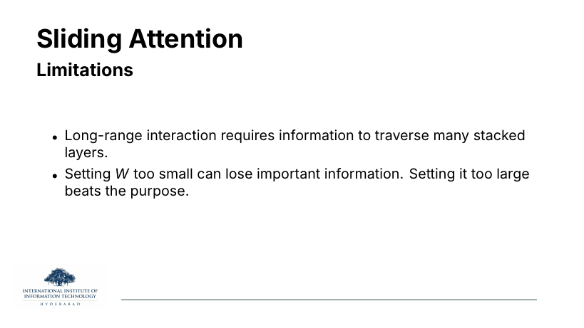 Sliding Attention Limitations: long-range interaction requires many stacked layers; W too small loses information, W too large defeats the purpose.