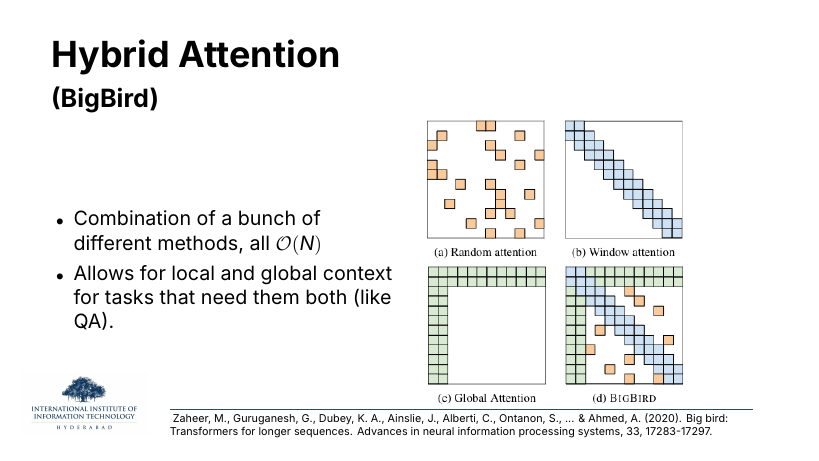 Hybrid Attention (BigBird): combination of methods, all O(N). Allows local and global context for tasks that need both (like QA). Four attention masks: random, window, global, BigBird (all three combined).
