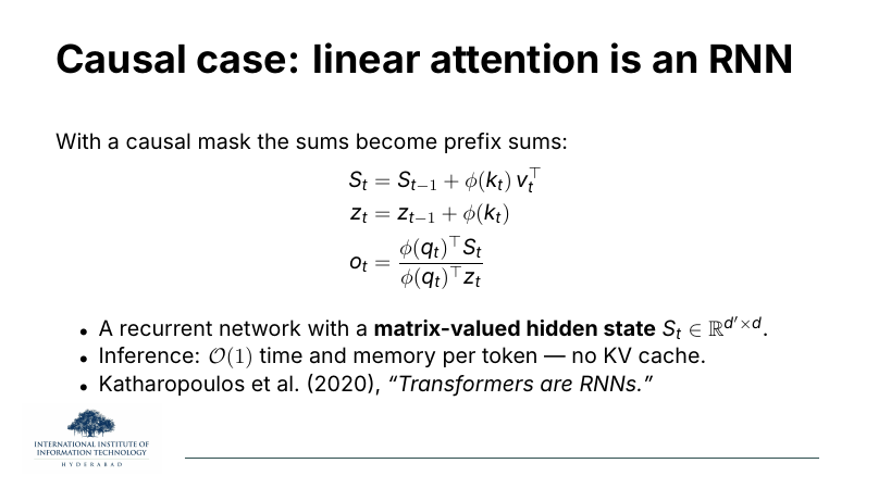Causal case: linear attention is an RNN. S_t = S_{t-1} + phi(k_t) v_t^T; z_t = z_{t-1} + phi(k_t); o_t = phi(q_t)^T S_t / phi(q_t)^T z_t. Matrix-valued hidden state S_t in R^{d'×d}. O(1) time and memory per token at inference — no KV cache. Katharopoulos et al 2020: 'Transformers are RNNs.'