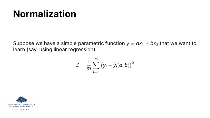Setup: a parametric function y = a x_1 + b x_2 fit by minimising L = (1/m) sum_i (y_i − ŷ_i(a,b))^2.