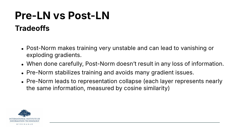 Pre-LN vs Post-LN tradeoffs: Post-Norm makes training unstable and can lead to vanishing/exploding gradients; done carefully Post-Norm doesn't lose information; Pre-Norm stabilises training but leads to representation collapse (each layer represents nearly the same information, measured by cosine similarity).