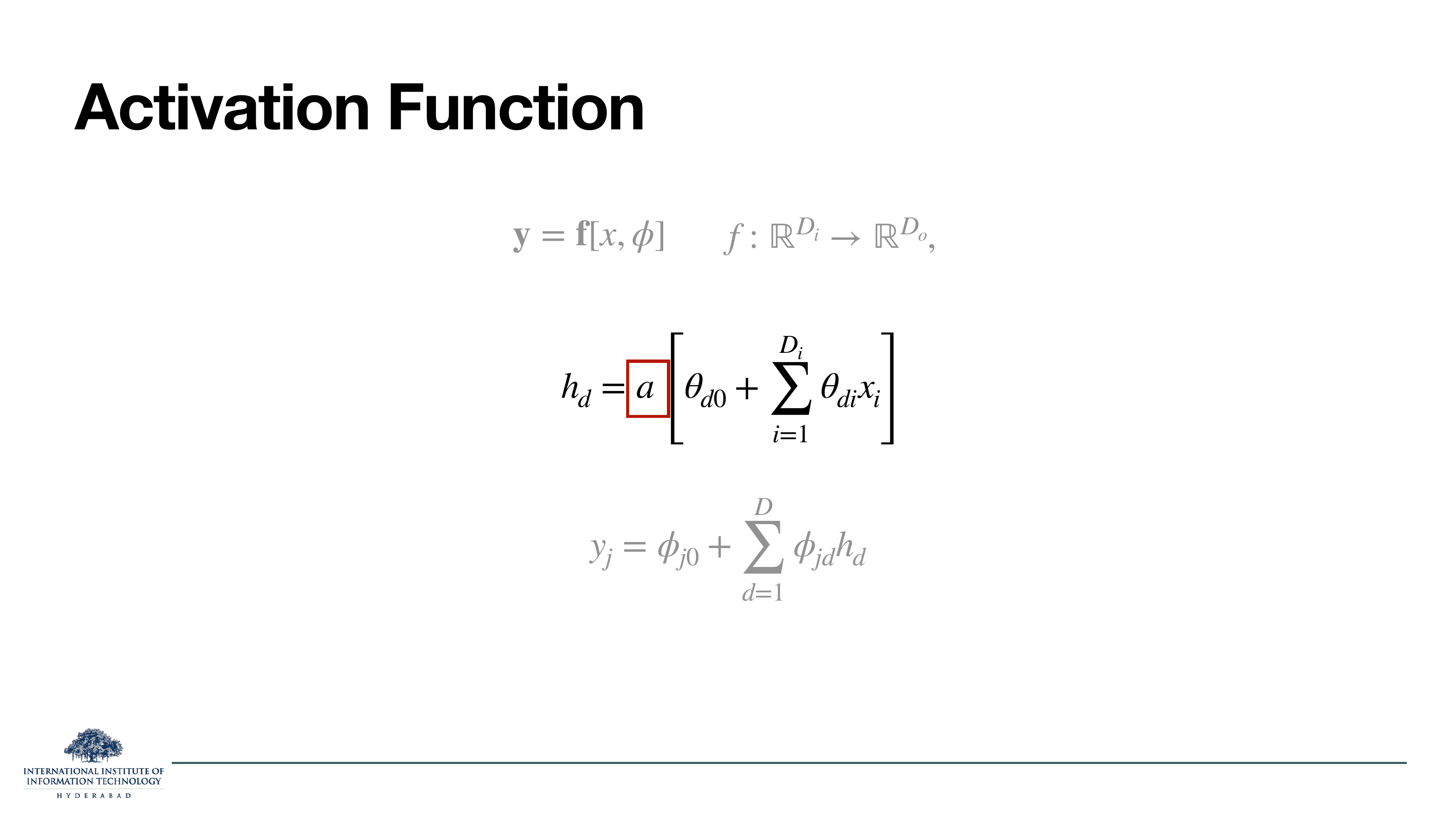 Same MLP equations from the previous slide, but with the activation function 'a' highlighted in a red box, emphasising that this is the single knob that determines the network's nonlinearity.