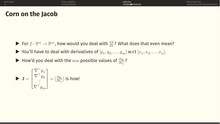 Assemble them into the Jacobian matrix J = [∂y_i / ∂x_j].