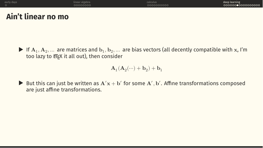 But that just equals A' x + b' for some A', b'. Composing affine gives you affine.