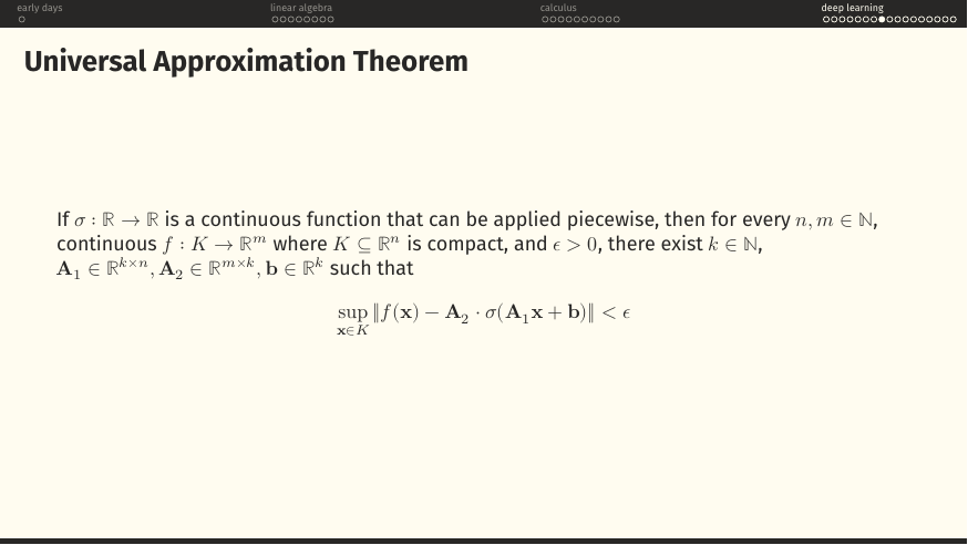 Universal Approximation Theorem: for any continuous f: K → ℝ^m on compact K and any ε>0, there exist A_1, A_2, b such that sup_{x∈K} ‖f(x) − A_2 σ(A_1 x + b)‖ < ε.
