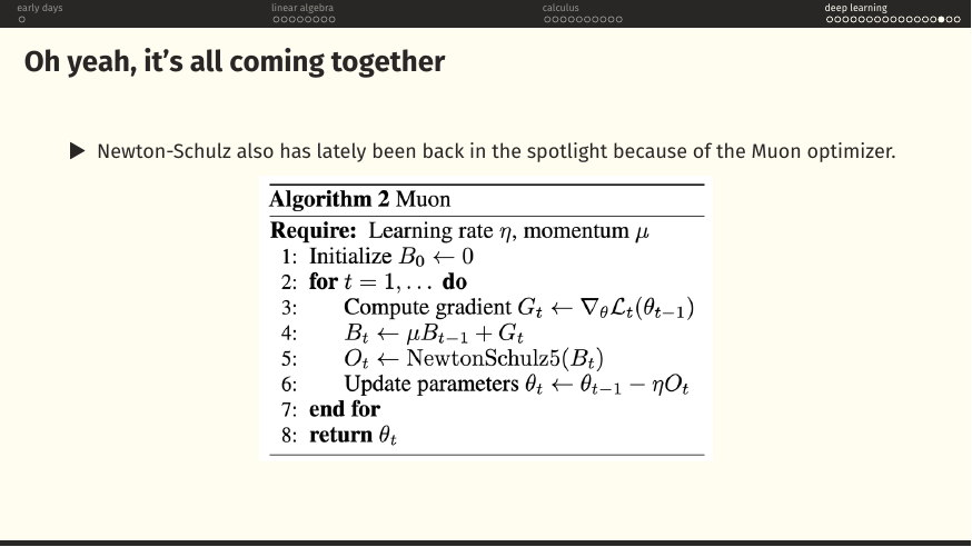 Algorithm 2 Muon: init B_0=0; for t=1,…: G_t ← ∇_θ L_t(θ_{t-1}); B_t ← μ B_{t-1} + G_t; O_t ← NewtonSchulz5(B_t); θ_t ← θ_{t-1} − η O_t.