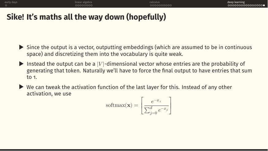 Softmax: softmax(x)_i = e^{-x_i} / Σ_j e^{-x_j}. Applied as the last-layer activation, it forces outputs to be a valid probability distribution.