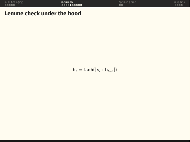 RNN update equation: h_t = tanh([x_t : h_{t-1}]).