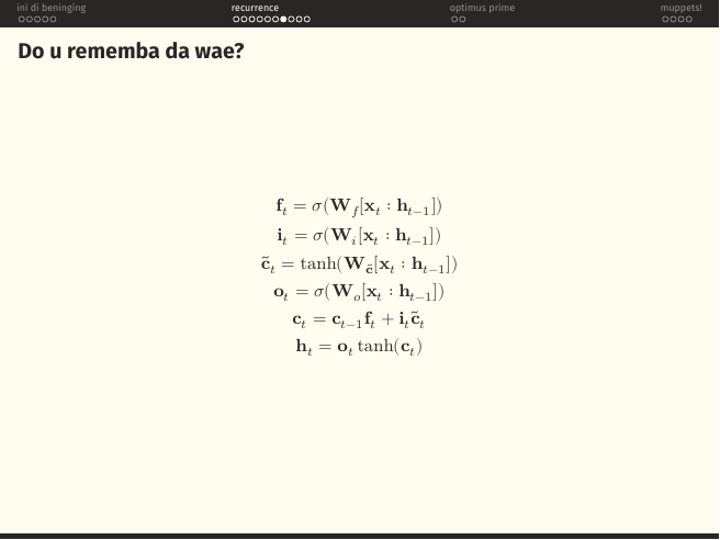 LSTM equations: f, i, o are sigmoid gates on the concatenation of x_t and h_{t-1}; c-tilde is a tanh candidate; c_t = c_{t-1}·f_t + i_t·c-tilde; h_t = o_t · tanh(c_t).