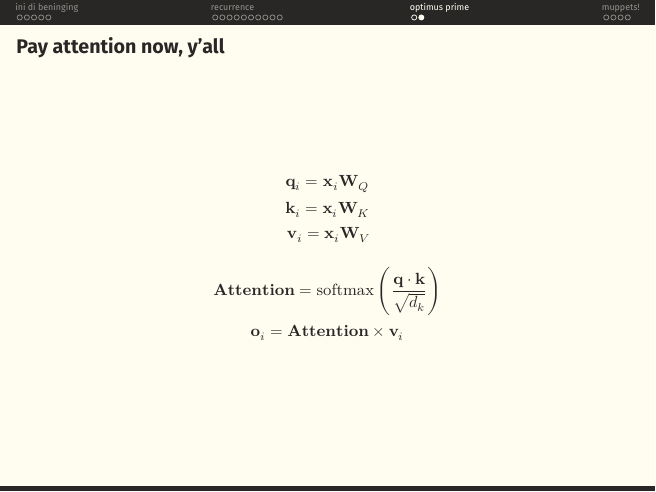 Attention equations: q_i = x_i W_Q, k_i = x_i W_K, v_i = x_i W_V; Attention = softmax(qk / sqrt(d_k)); o_i = Attention × v_i.