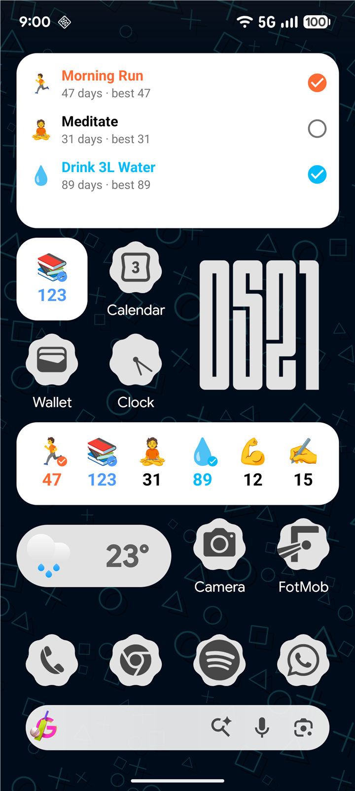 Android home screen with Streaks widgets in light style: a checklist widget and a compact grid widget